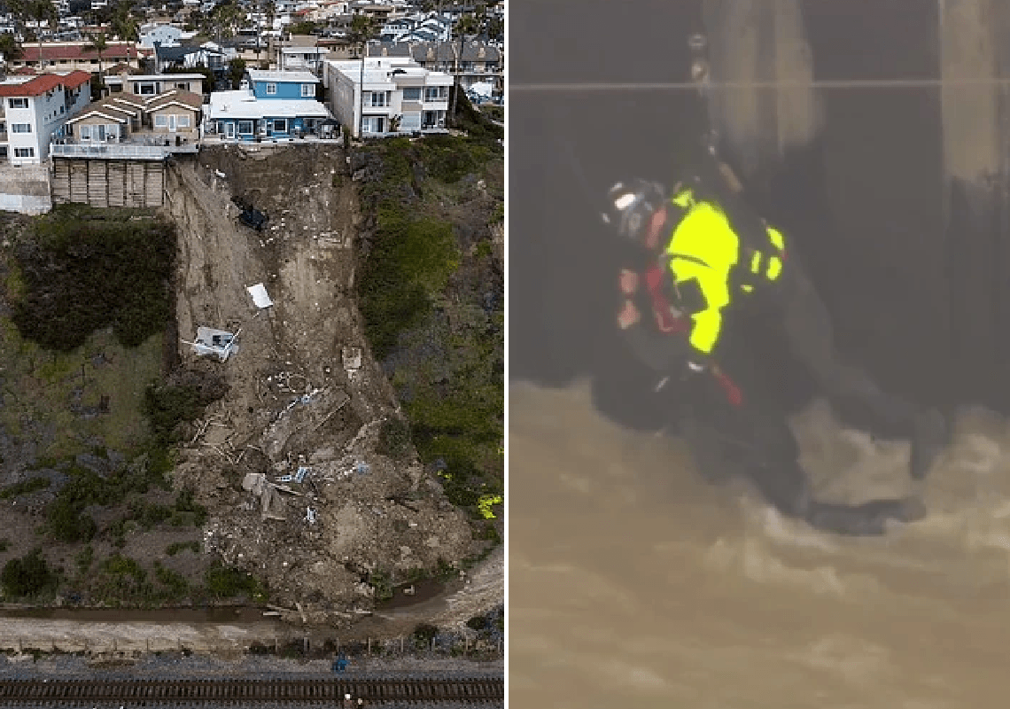 תיעודים מקליפורניה הגשומה: חילוץ דרמטי מנהר אל.איי, חצר אחורית קרסה עם מפולת קרקע 
