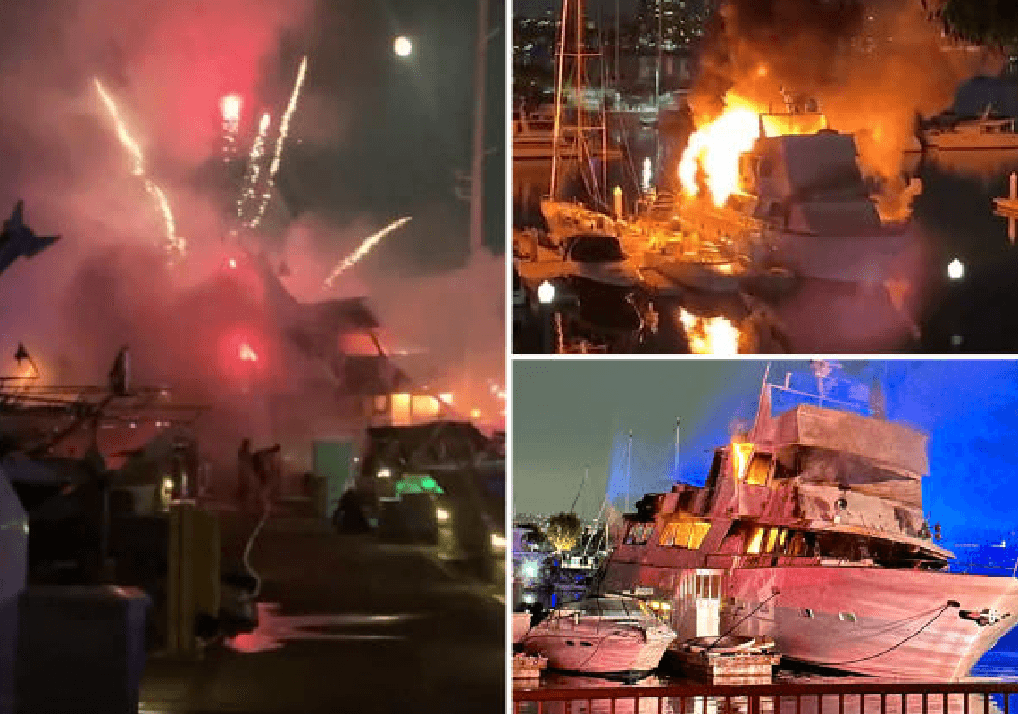 תיעוד מהמרינה בלוס אנג'לס: שריפה פרצה ביאכטה מלאה בזיקוקים ותחמושת